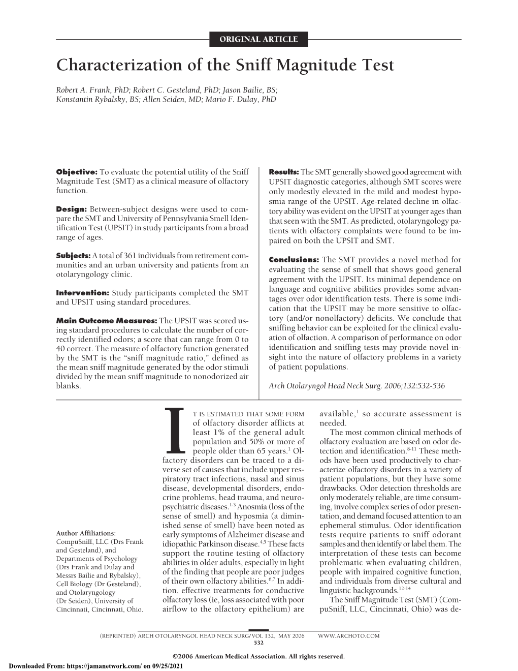 Characterization of the Sniff Magnitude Test