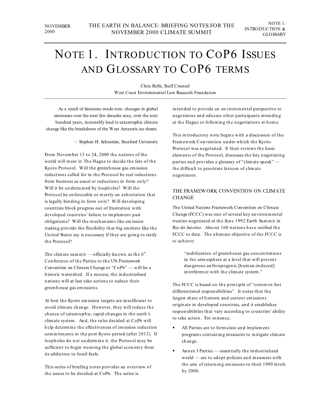 Note 1. Introduction to Cop6 Issues and Glossary to Cop6 Terms