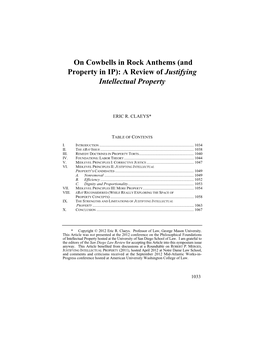 On Cowbells in Rock Anthems (And Property in IP): a Review of Justifying Intellectual Property