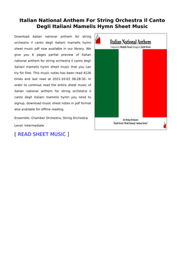 Italian National Anthem for String Orchestra Il Canto Degli Italiani Mamelis Hymn Sheet Music