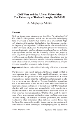Civil Wars and the African Universities: the University of Ibadan Example, 1967–1970
