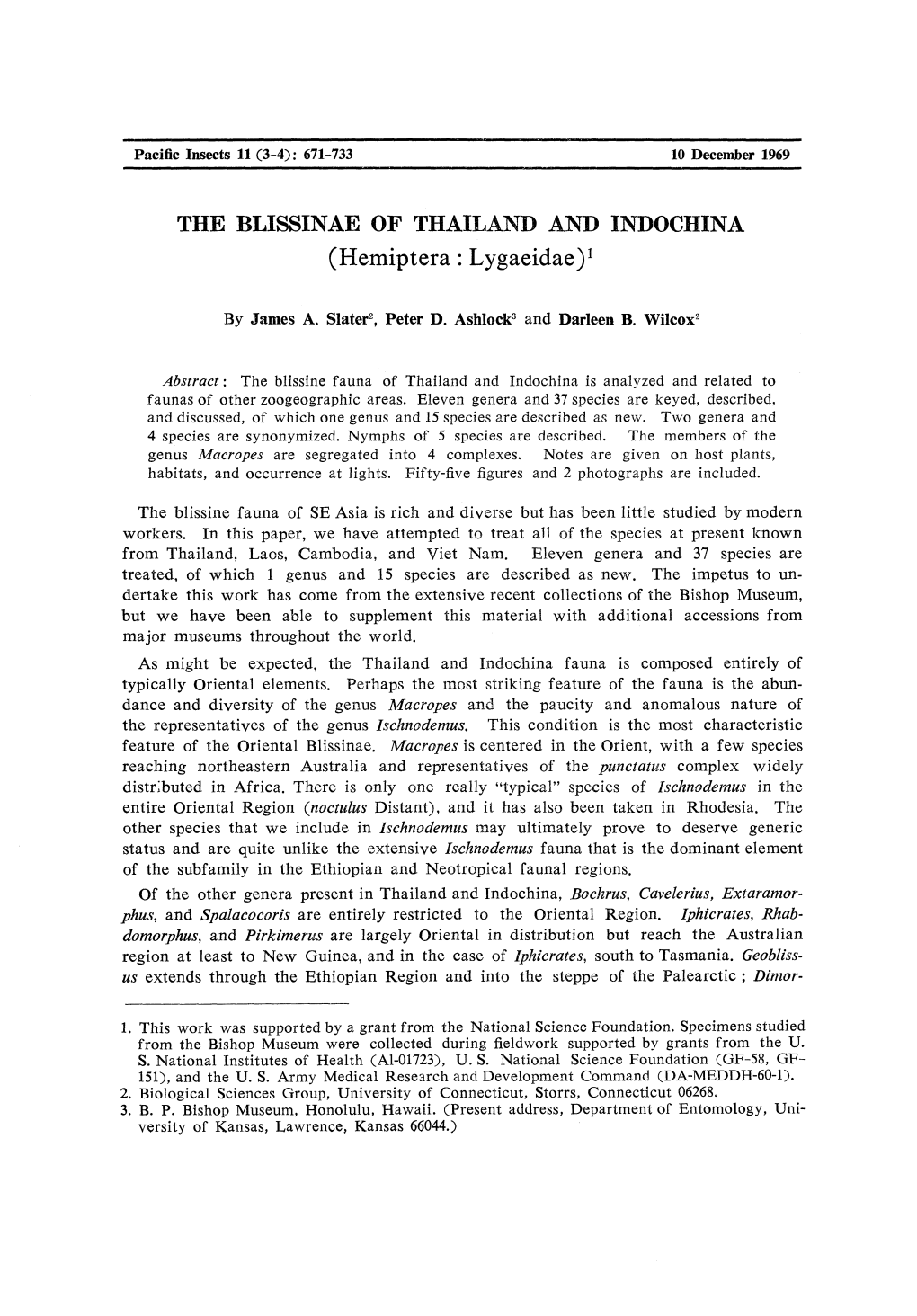 THE BLISSINAE of THAILAND and INDOCHINA (Hemiptera: Lygaeidae)1
