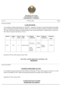 G.N.No.412/2020 LAND TRANSFER As According to Cabinet Submission No