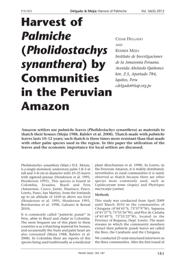 Harvest of Palmiche (Pholidostachys Synanthera) by Communities in the Peruvian Amazon