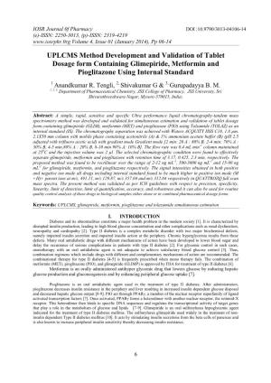 UPLCMS Method Development and Validation of Tablet Dosage Form Containing Glimepiride, Metformin and Pioglitazone Using Internal Standard 1 Anandkumar R