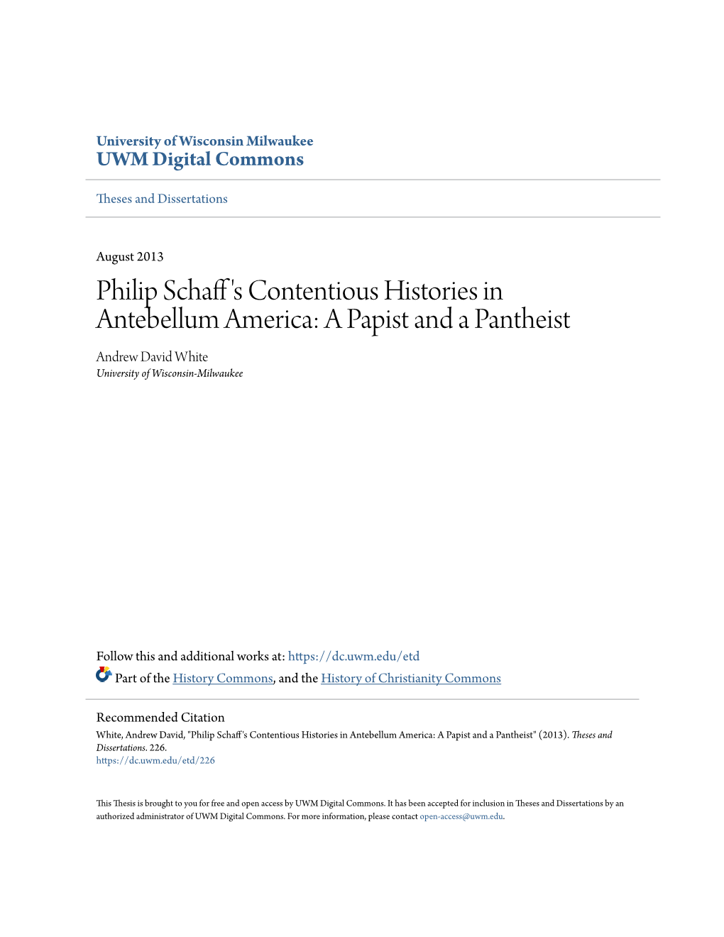 Philip Schaff's Contentious Histories in Antebellum America: a Papist and a Pantheist