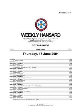 WEEKLY HANSARD Hansard Home Page: E-Mail: Hansard@Parliament.Qld.Gov.Au Phone: (07) 3406 7314 Fax: (07) 3210 0182