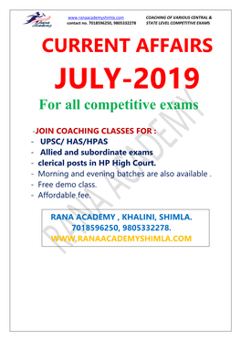 CURRENT AFFAIRS JULY-2019 for All Competitive Exams