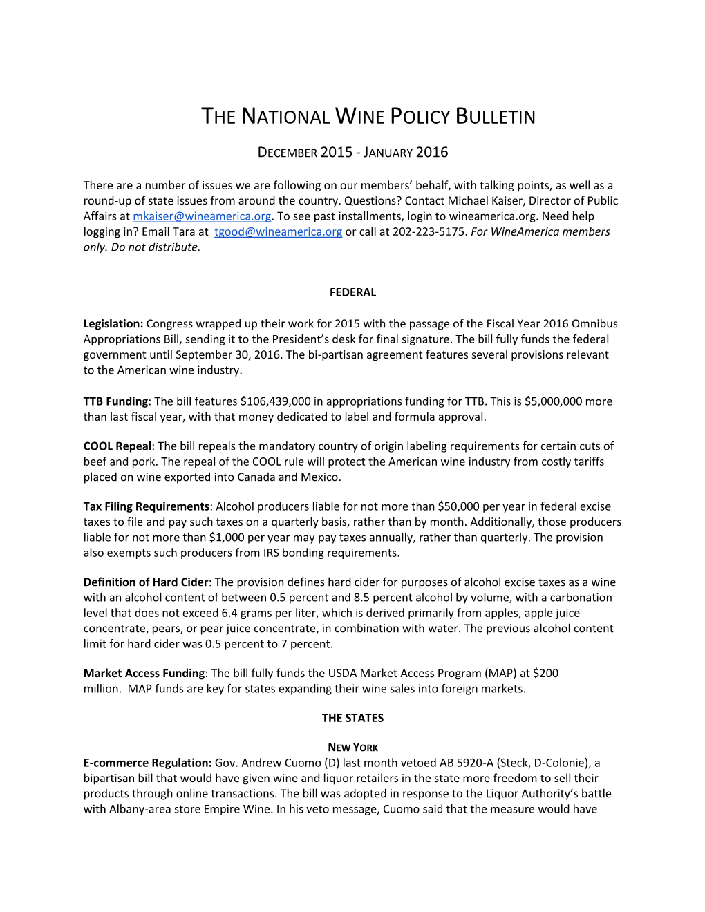 The National Wine Policy Bulletin