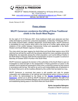 Press Release WILPF Cameroon Condemns the Killing of Three