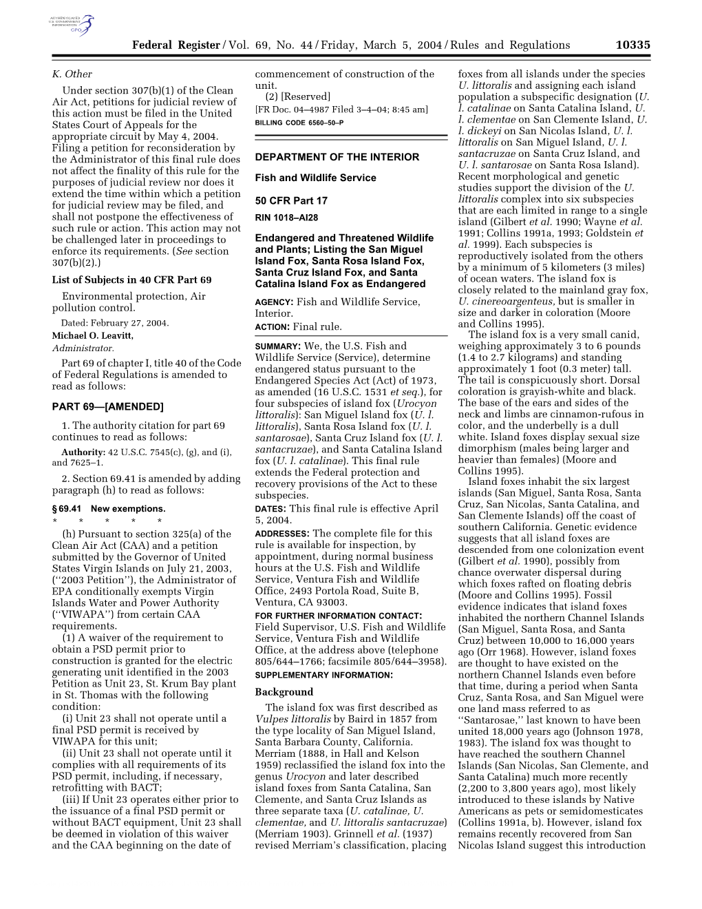 Federal Register/Vol. 69, No. 44/Friday, March 5, 2004/Rules and Regulations