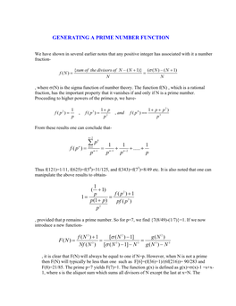 GENERATING a PRIME NUMBER FUNCTION Ppppp Pf 1