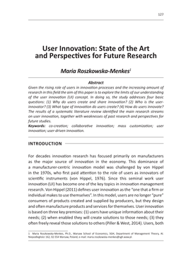 User Innovation: State of the Art and Perspectives for Future Research