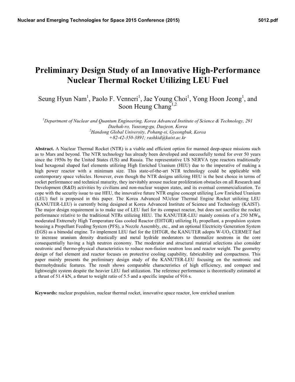 Preliminary Design Study of an Innovative High-Performance Nuclear Thermal Rocket Utilizing LEU Fuel