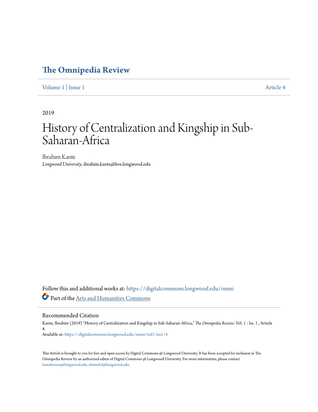 History of Centralization and Kingship in Sub-Saharan-Africa,