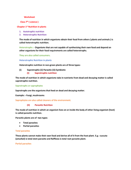 Worksheet Class 7Th ( Science ) Chapter 1St Nutrition in Plants