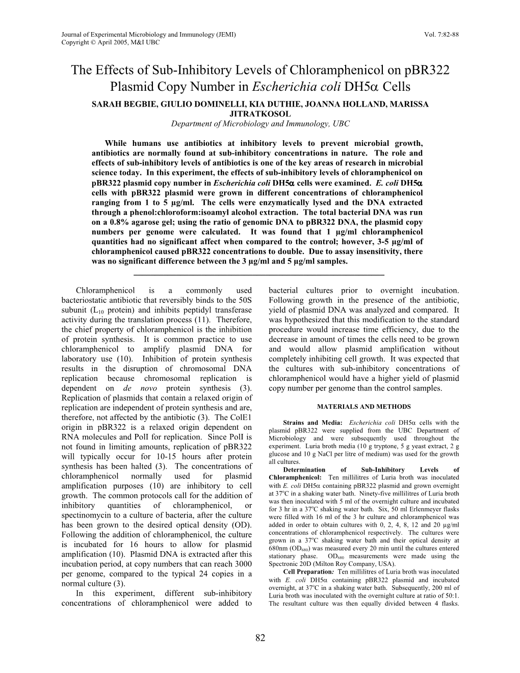 The Effects of Sub-Inhibitory Levels of Chloramphenicol on Pbr322