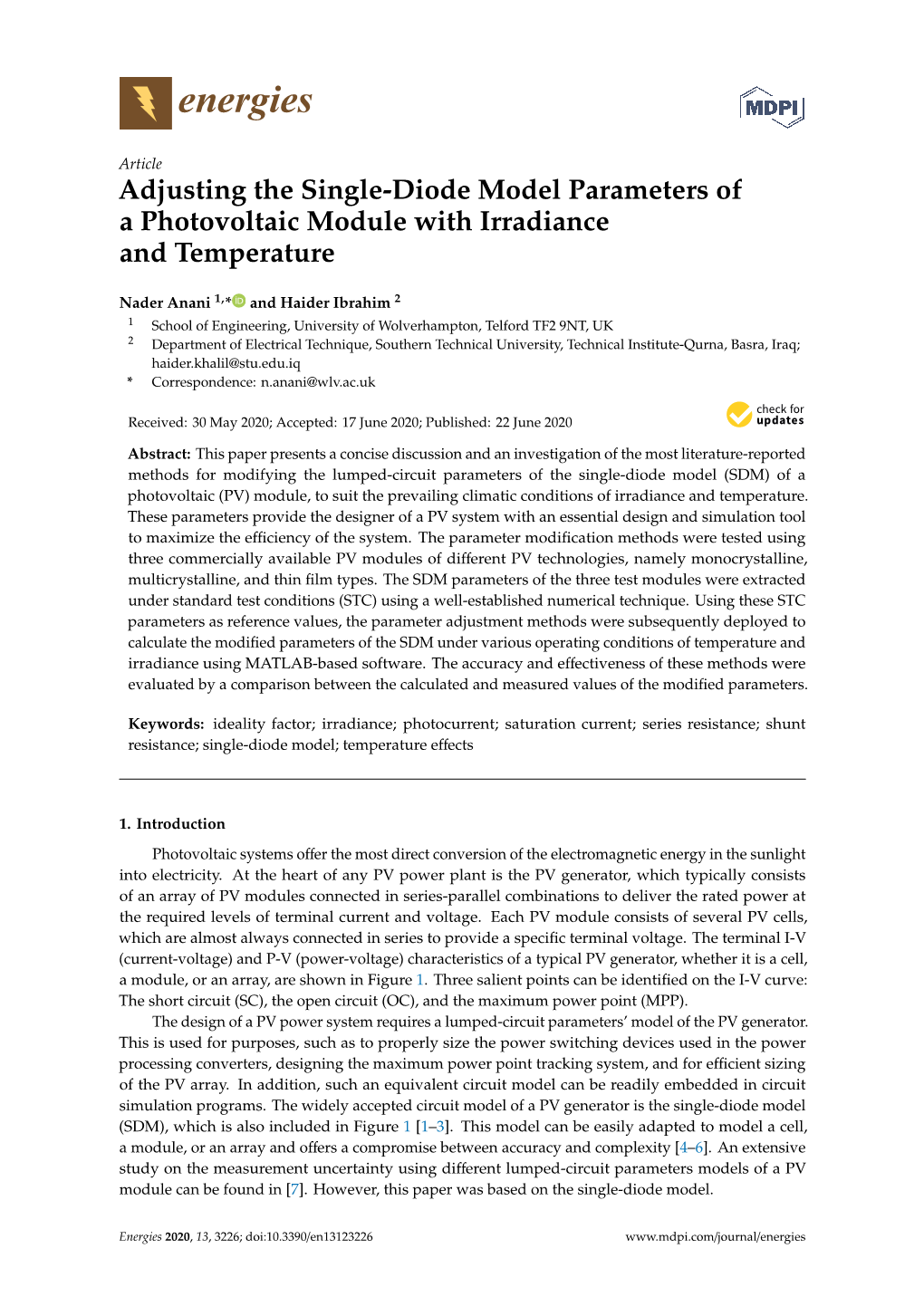 Adjusting the Single-Diode Model Parameters of a Photovoltaic Module with Irradiance and Temperature