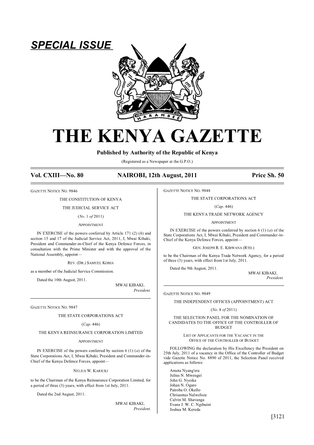 Special Issue the Kenya Gazette