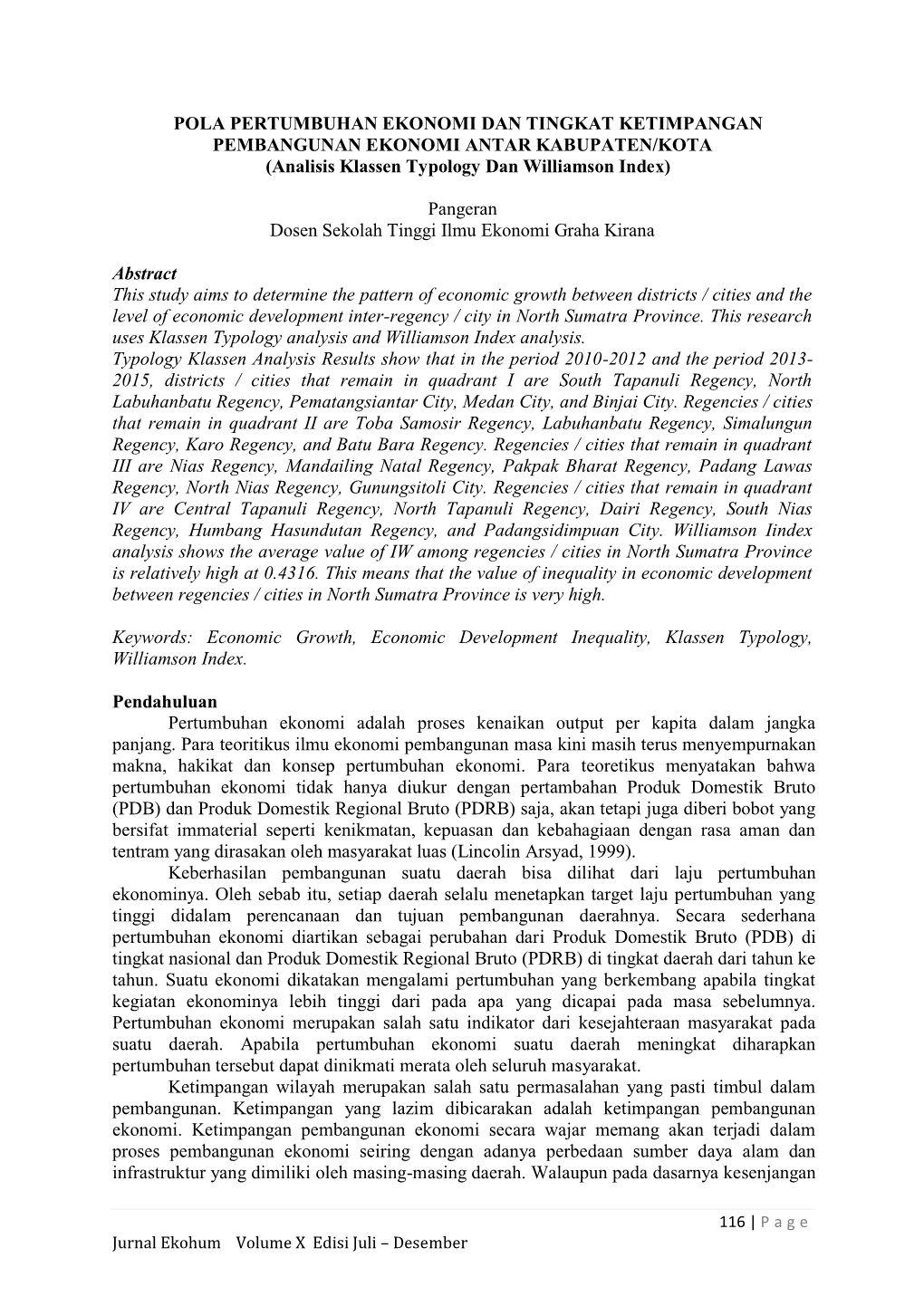 Analisis Klassen Typology Dan Williamson Index)