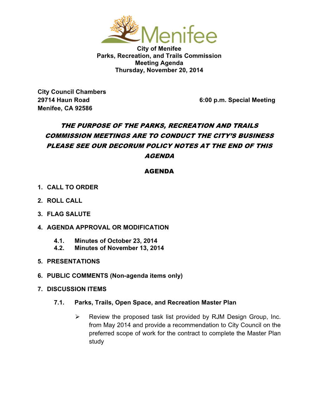 November 20, 2014 Special Meeting Agenda