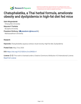 Chatuphalatika, a Thai Herbal Formula, Ameliorate Obesity and Dyslipidemia in High-Fat Diet Fed Mice