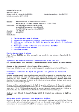 DEPARTEMENT Du LOT Mairie De LANZAC Compte-Rendu De Réunion Du 30/04/2018 Secrétaire De Séance : Mme GUITOU Date De Convocation : 24/04/2018