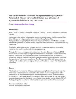 The Government of Canada and Asubpeeschoseewagong Netum Anishinabek (Grassy Narrows First Nation) Sign a Framework Agreement to Build a Mercury Care Home