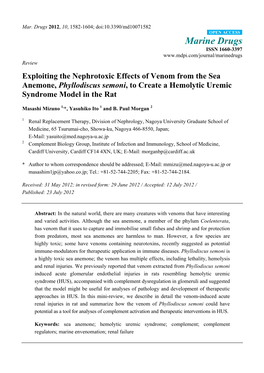 Exploiting the Nephrotoxic Effects of Venom from the Sea Anemone, Phyllodiscus Semoni, to Create a Hemolytic Uremic Syndrome Model in the Rat
