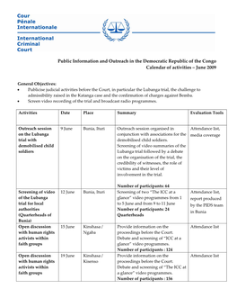 Public Information and Outreach in the Democratic Republic of the Congo Calendar of Activities – June 2009