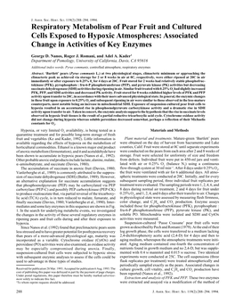 Respiratory Metabolism of Pear Fruit and Cultured Cells Exposed to Hypoxic Atmospheres: Associated Change in Activities of Key Enzymes