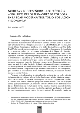 Nobleza Y Poder Señorial. Los Señoríos Andaluces De Los Fernández De Córdoba En La Edad Moderna: Territorio, Población Y Economía1