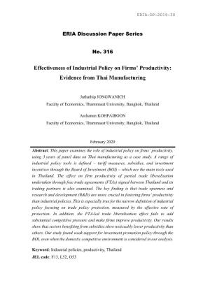 Effectiveness of Industrial Policy on Firms' Productivity: Evidence From