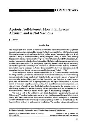 Apriorist Self-Interest: How It Embraces Altruism and Is Not Vacuous