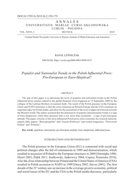 Populist and Nationalist Trends in the Polish Influential Press: Pro-European Or Euro-Skeptical?