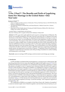 “I Do, I Don't”: the Benefits and Perils of Legalizing Same-Sex Marriage In