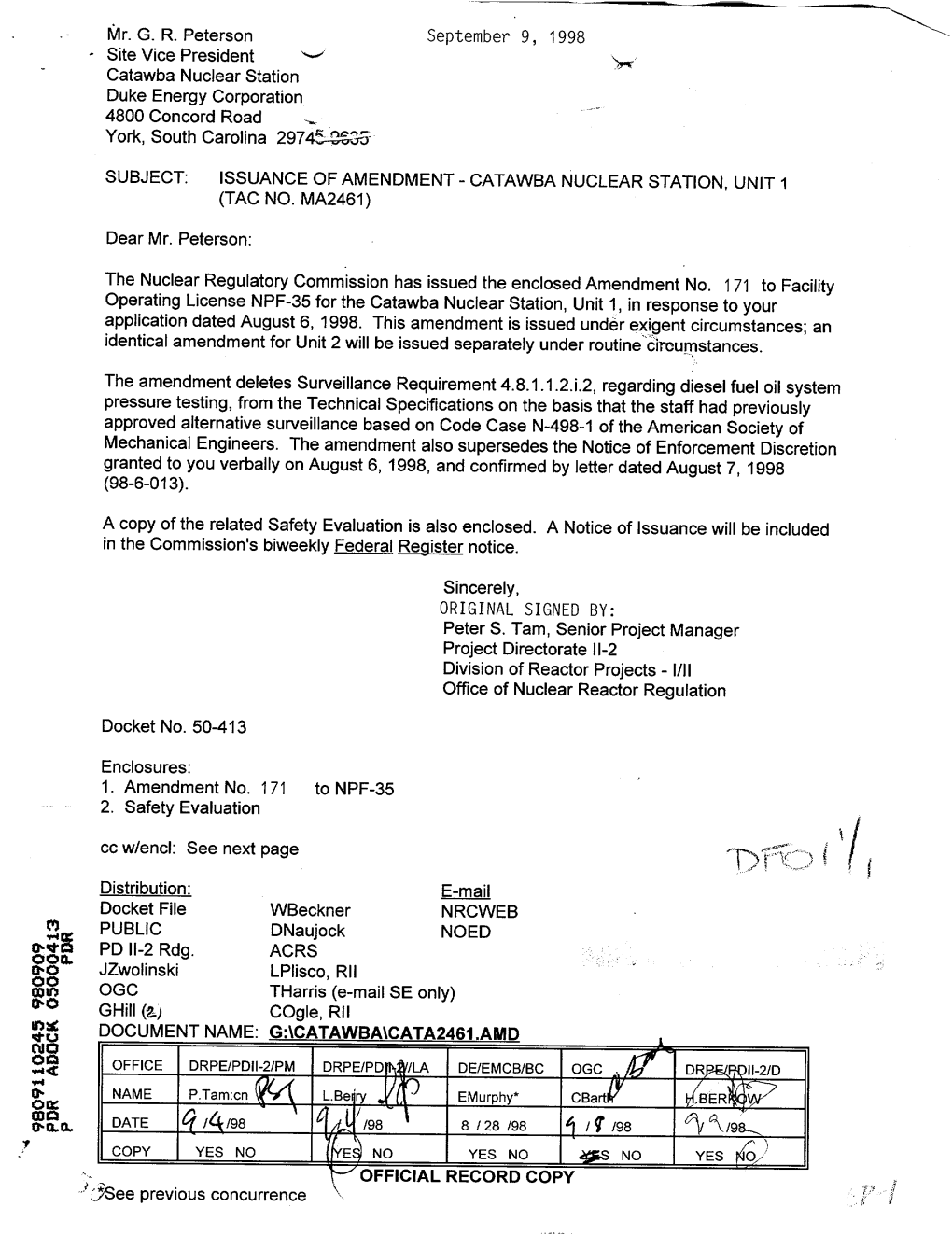 Catawba Unit 1, License Amendment 171 Deleting Surveillance