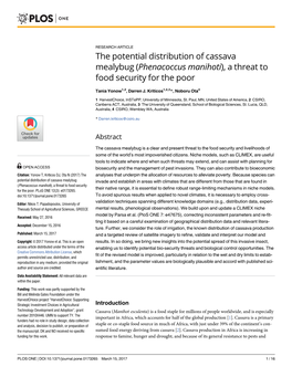The Potential Distribution of Cassava Mealybug (Phenacoccus Manihoti), a Threat to Food Security for the Poor