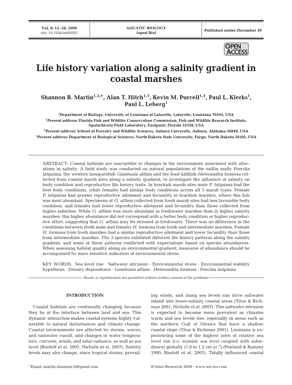 Life History Variation Along a Salinity Gradient in Coastal Marshes