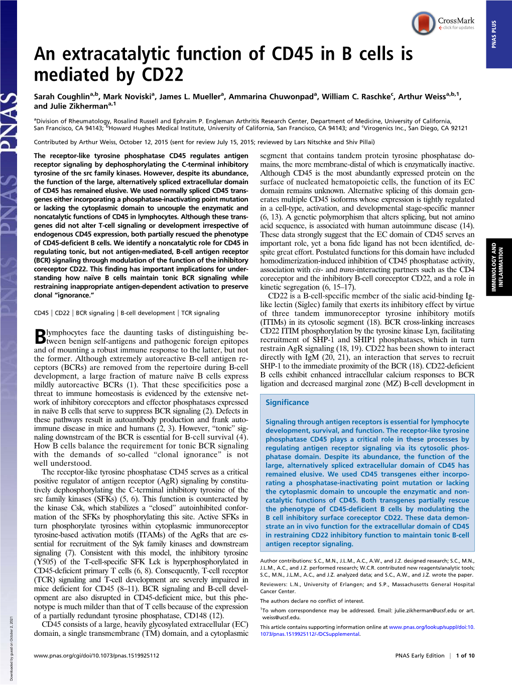 An Extracatalytic Function of CD45 in B Cells Is Mediated by CD22