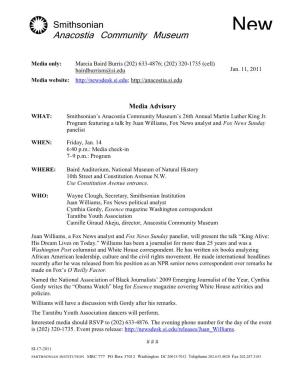 Media Advisory WHAT: Smithsonian’S Anacostia Community Museum’S 26Th Annual Martin Luther King Jr