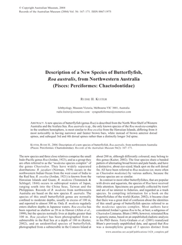 Description of a New Species of Butterflyfish, Roa Australis, from Northwestern Australia (Pisces: Perciformes: Chaetodontidae)