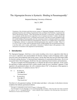 The Algonquian Inverse Is Syntactic: Binding in Passamaquoddy∗