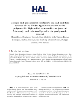 Isotopic and Geochemical Constraints on Lead and Fluid Sources of the Pb