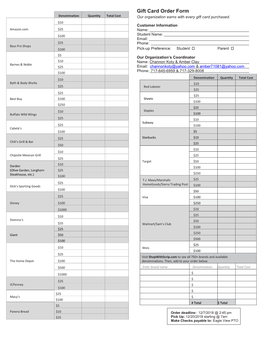 Gift Card Order Form Denomination Quantity Total Cost Our Organization Earns with Every Gift Card Purchased