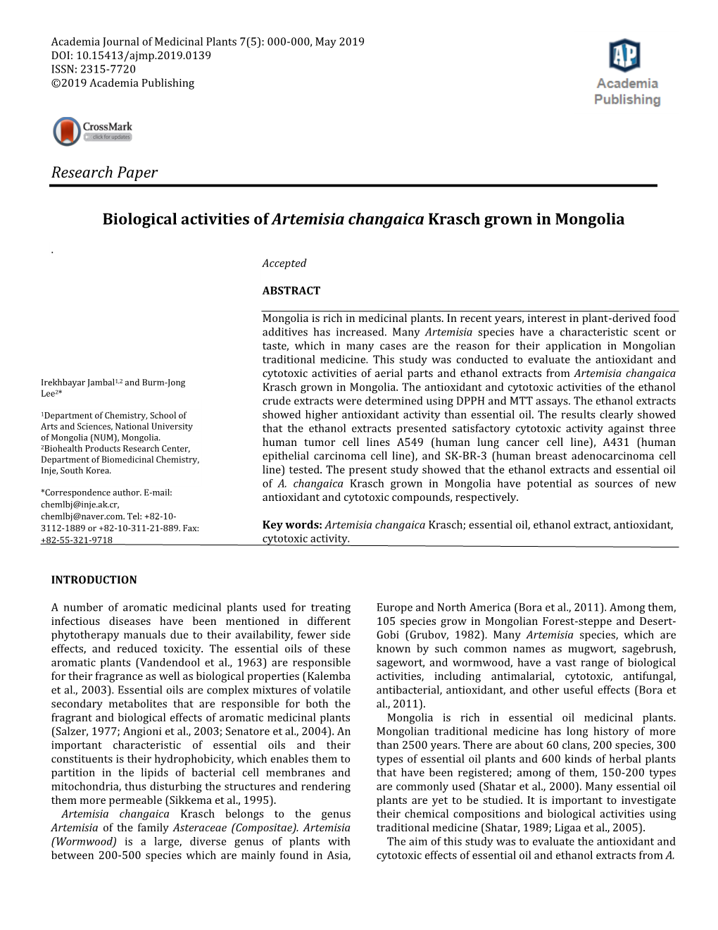 Research Paper Biological Activities of Artemisia Changaica Krasch Grown in Mongolia