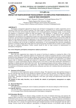 IMPACT of PARTICIPATORY MANAGEMENT on EMPLOYEE PERFORMANCE: a CASE of MOI UNIVERSITY Ezekiel Kipkorir Mutai*, Thomas K