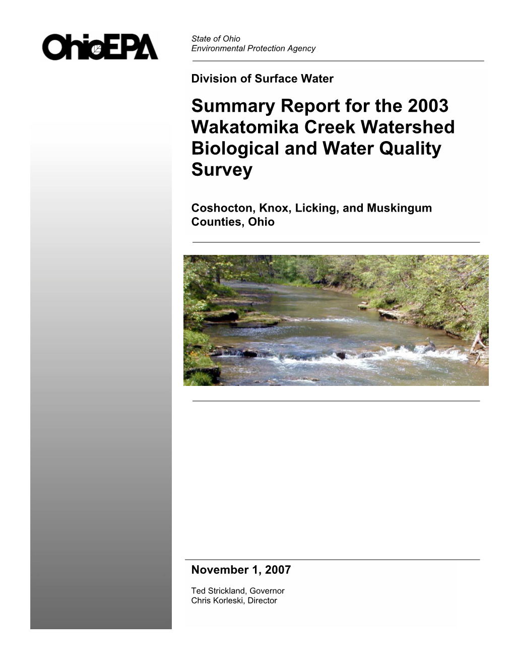 Summary Report for the 2003 Wakatomika Creek Watershed Biological and Water Quality Survey