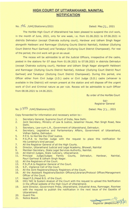 High Court of Uttarakhand, Nainital Notification