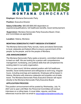 Montana Democratic Party Position: Executive Director Salary & Benefits